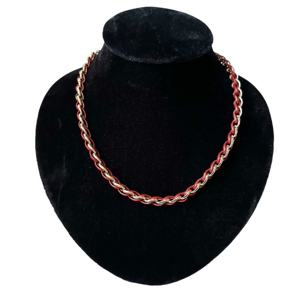 Trifari Jewelry - Vintage 80's Trifari Red Enamel Gold Plated Woven Layering Necklace - 24 inches